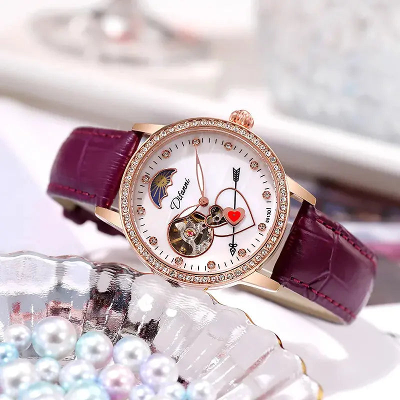 Alcom Distribution women's luxury automatic watch with rose gold case and purple leather strap