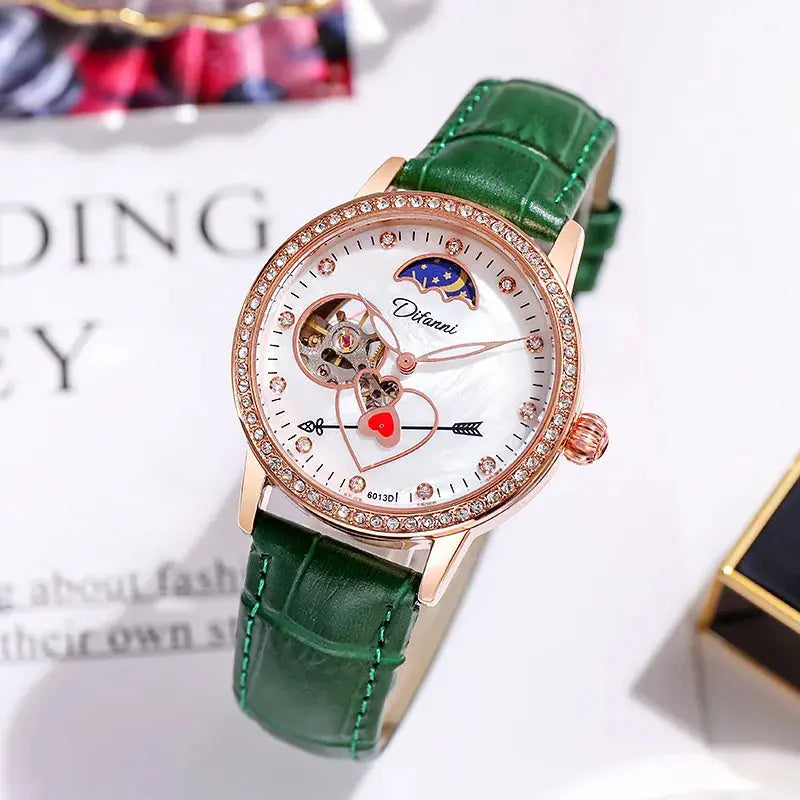 Alcom Distribution women's luxury automatic watch with green leather strap and jeweled rose gold case