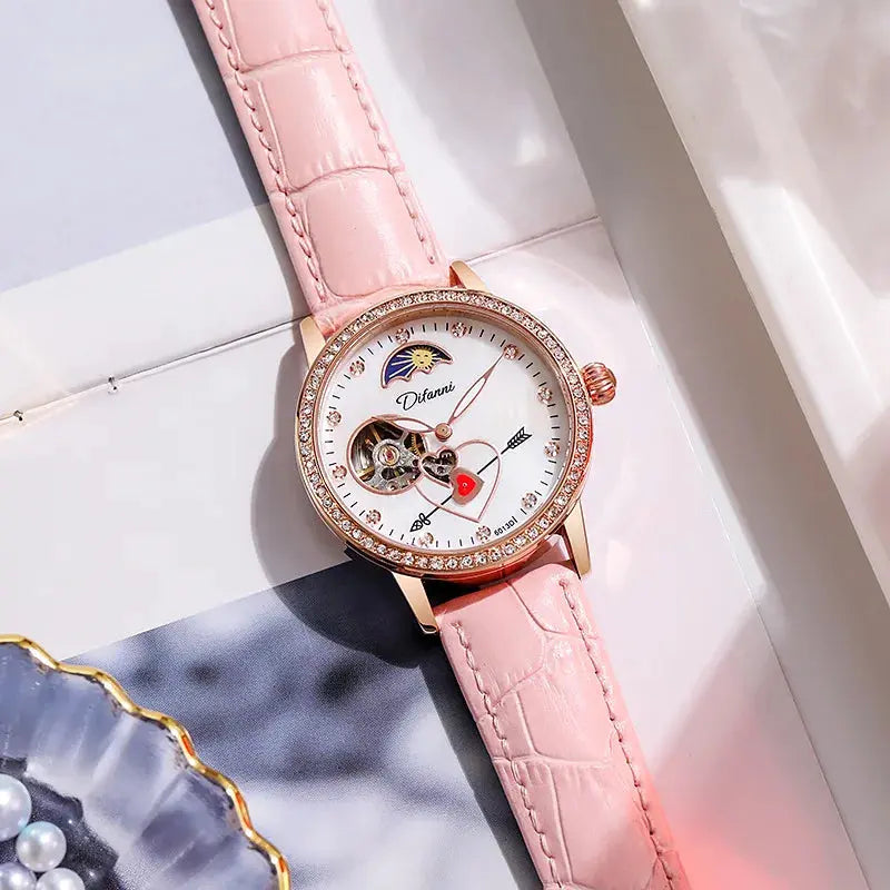 Alcom Distribution women's luxury automatic watch with pink leather strap and rose gold case