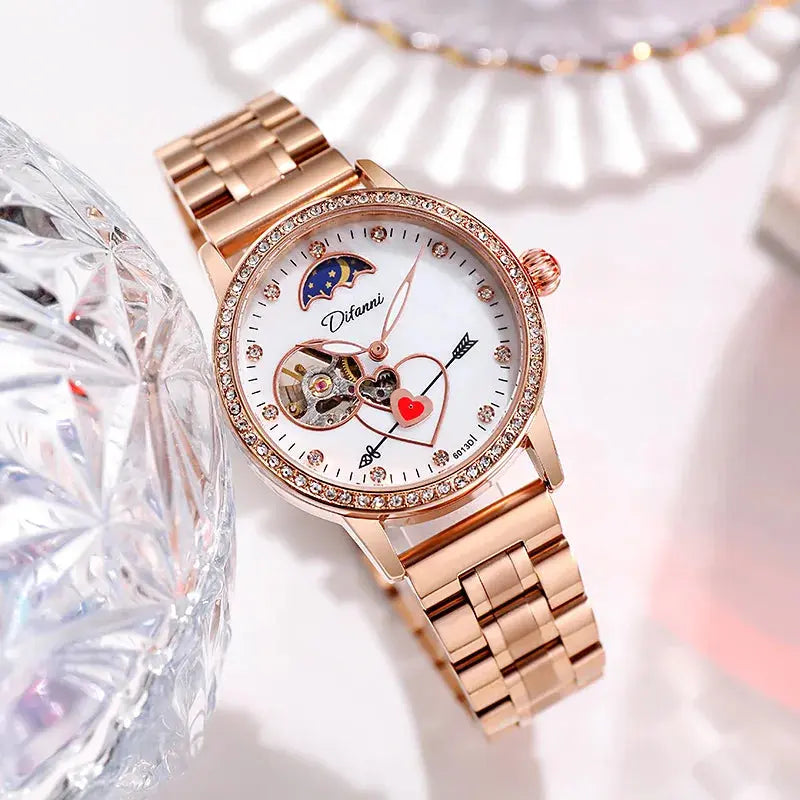 Alcom Distribution women's luxury automatic watch with rose gold band and decorative dial