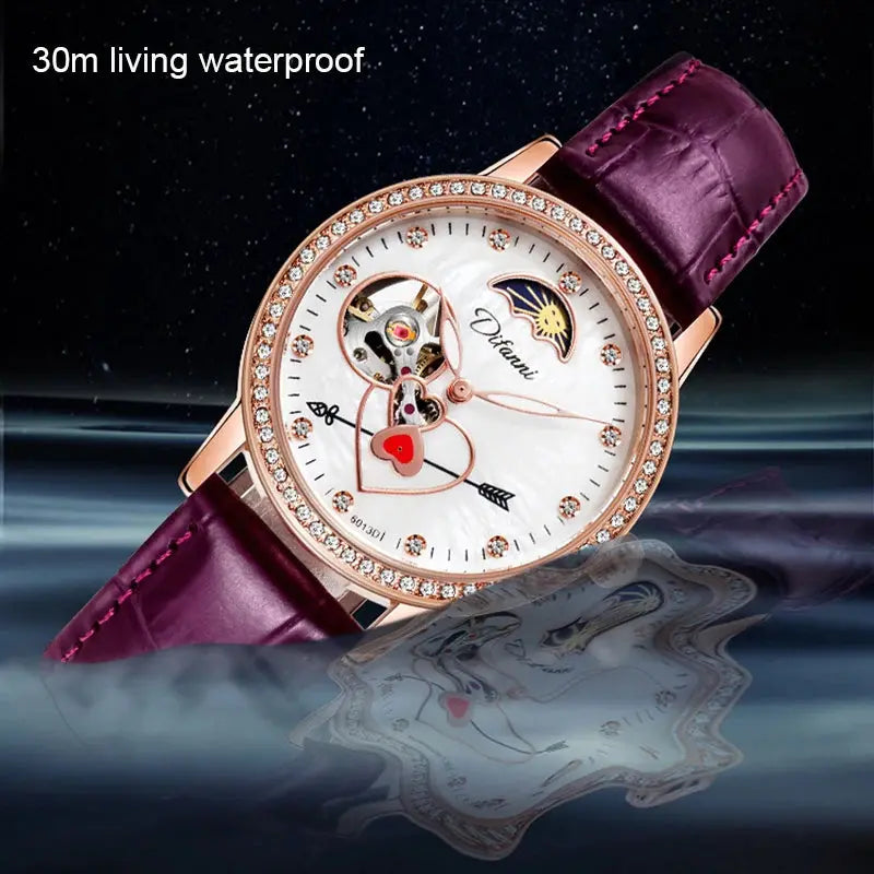 Alcom Distribution women's luxury automatic watch with rose gold case purple leather strap and diamond bezel