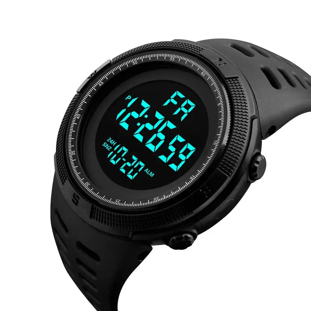 Alcom Distribution digital sports watch waterproof with black design and blue LED display