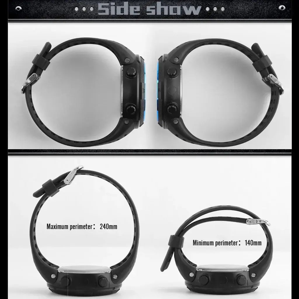 Alcom Distribution digital sports watch waterproof shown from side views with adjustable strap perimeter from 140mm to 240mm