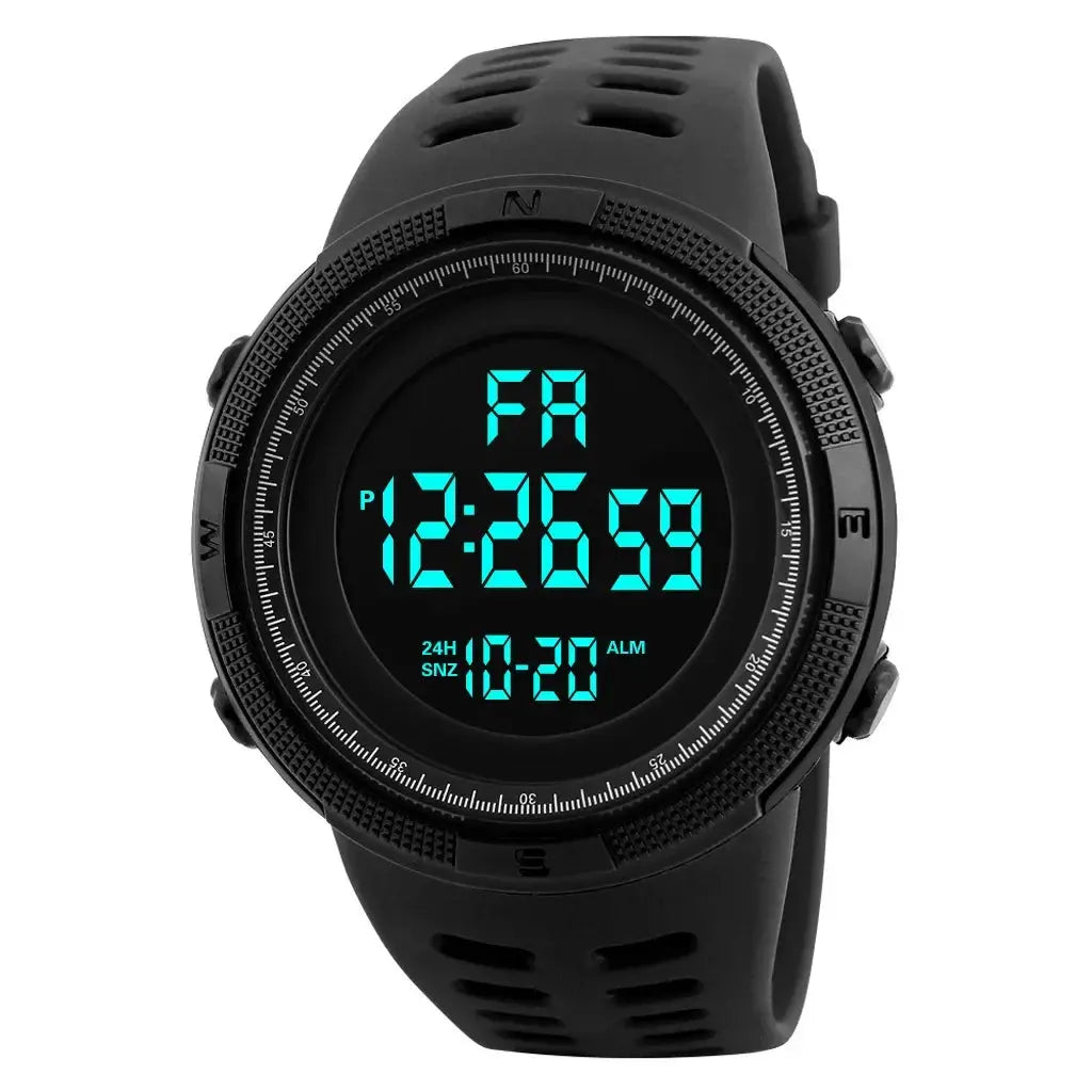 Alcom Distribution digital sports watch waterproof with black strap and blue LED display