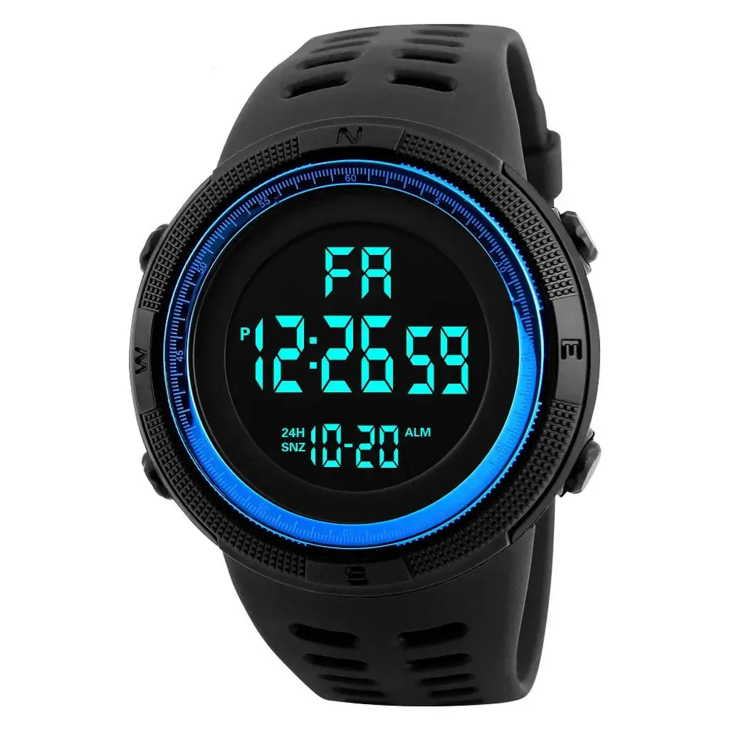 Alcom Distribution digital sports watch waterproof with black strap and blue illuminated display