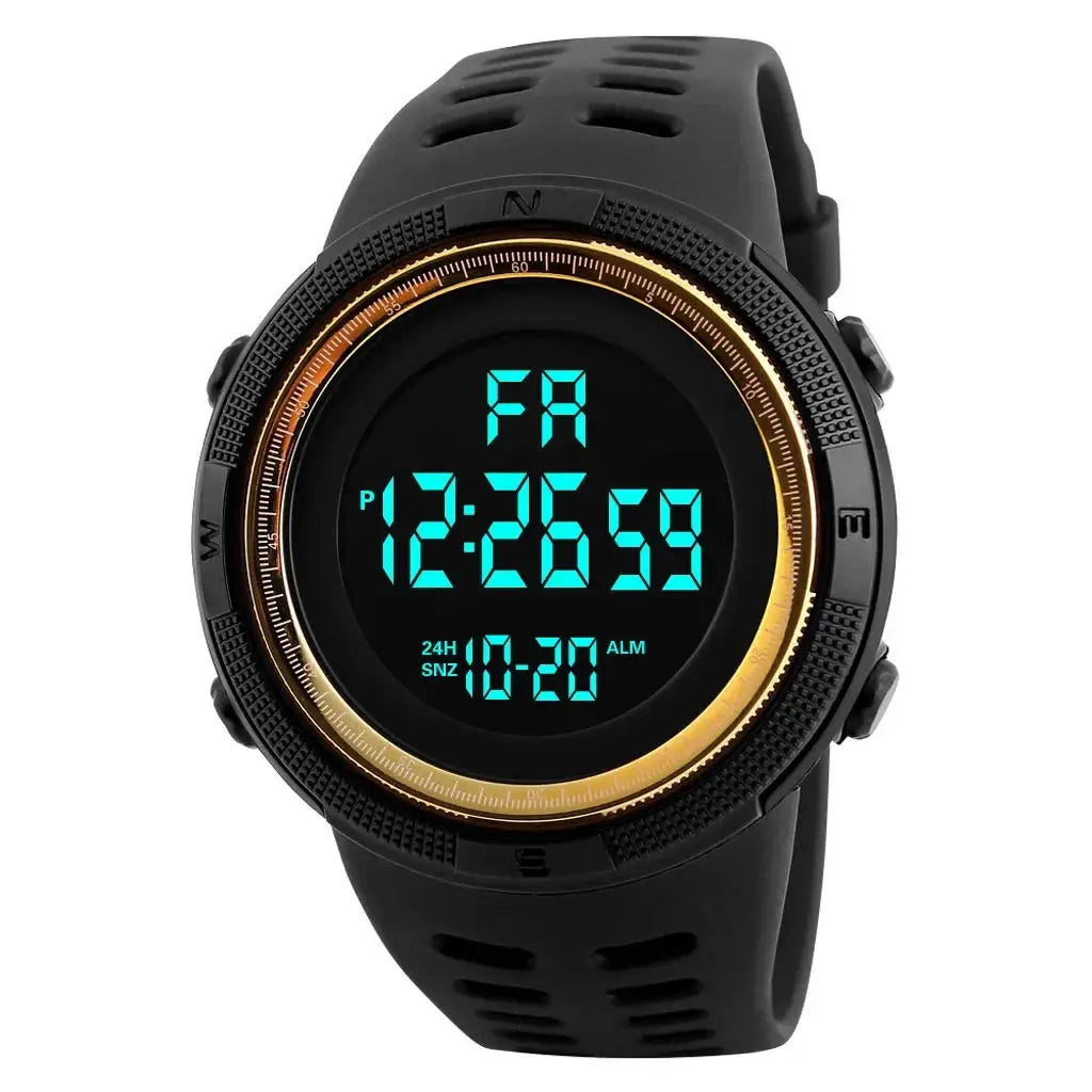 Alcom Distribution digital sports watch waterproof with black strap and green LED display