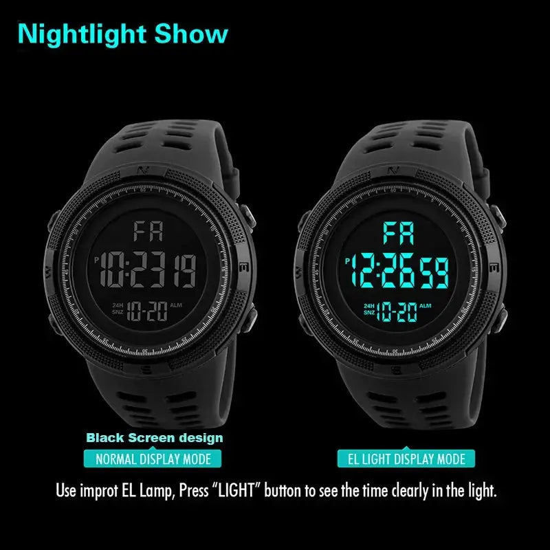 Alcom Distribution digital sports watch waterproof with black screen and EL light display modes