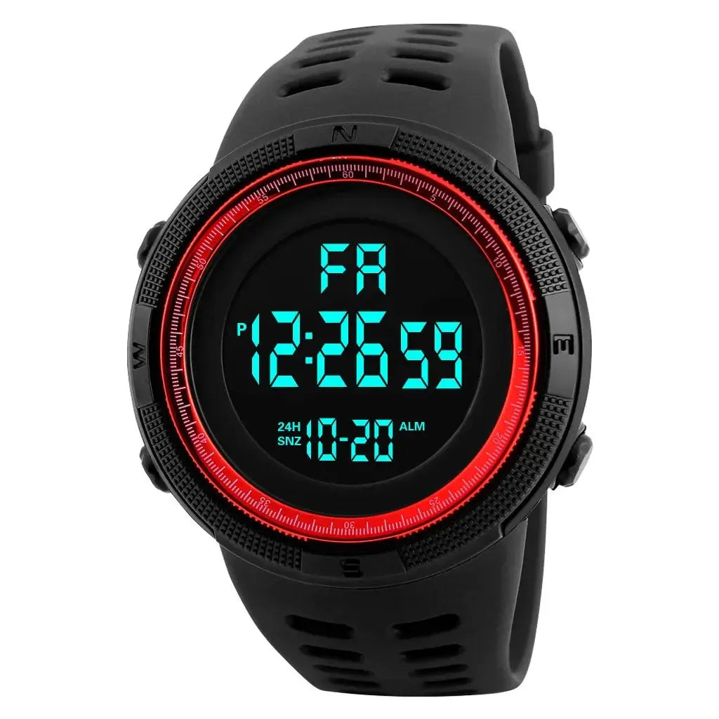 Alcom Distribution digital sports watch waterproof with black band and red bezel