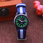 Digital watches for boys and girls with black face and green numbers on blue and white striped strap