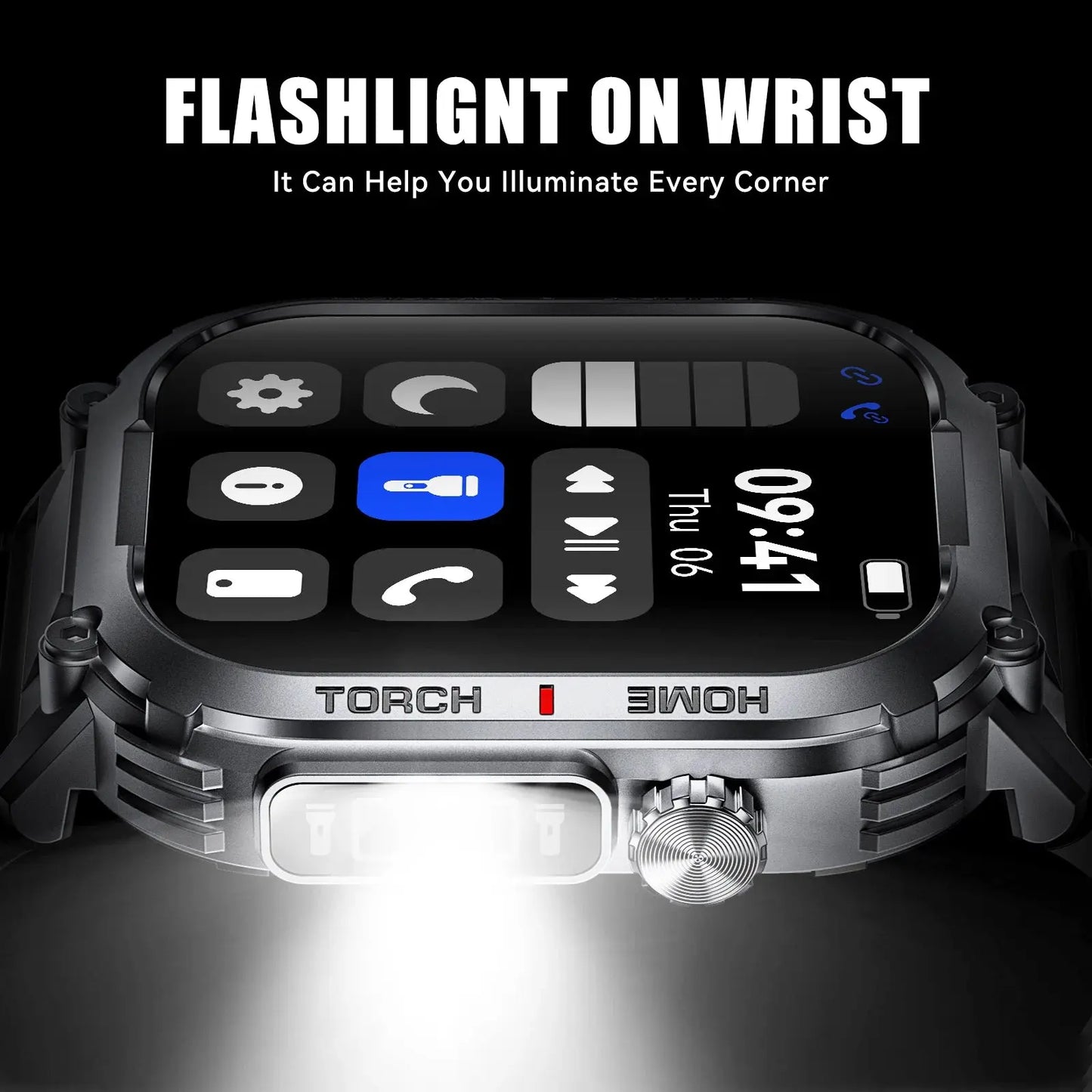 Alcom Distribution 3ATM waterproof fitness watch with built-in flashlight on wrist for hands-free lighting