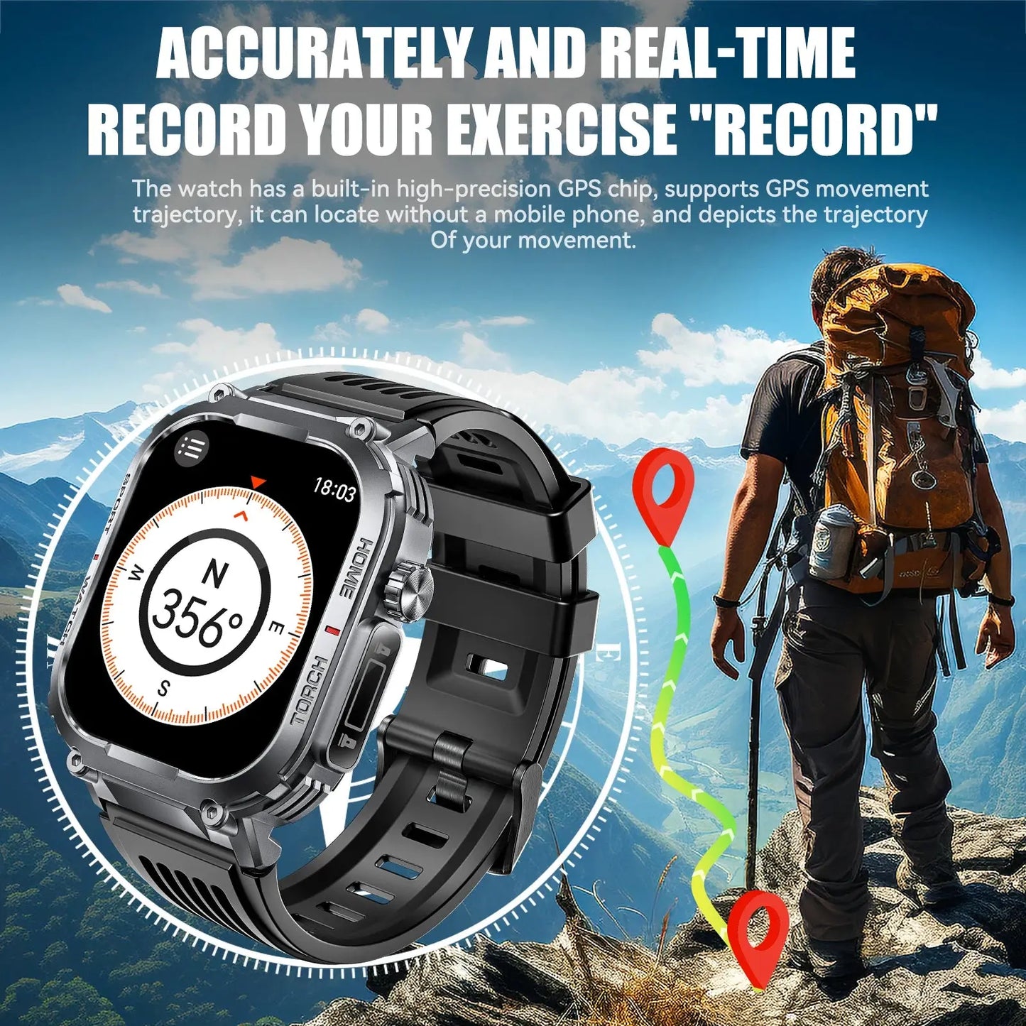 Alcom Distribution 3ATM waterproof fitness watch with GPS tracking and compass on black strap