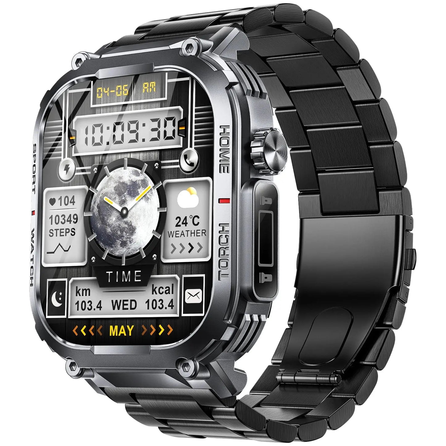 Alcom Distribution 3ATM waterproof fitness watch with black metal band and digital display