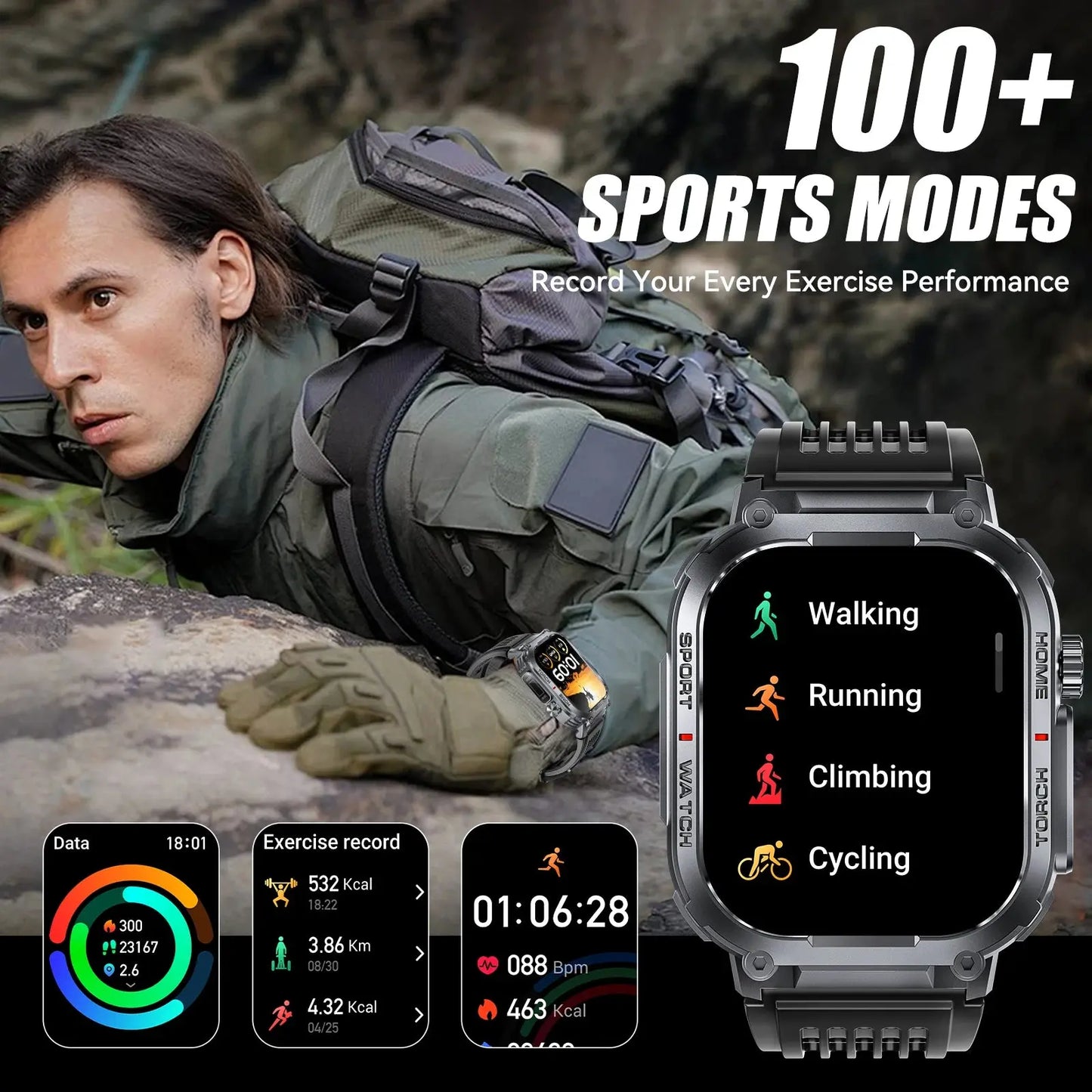 Alcom Distribution 3ATM waterproof fitness watch with 100 sports modes showing walking running climbing and cycling