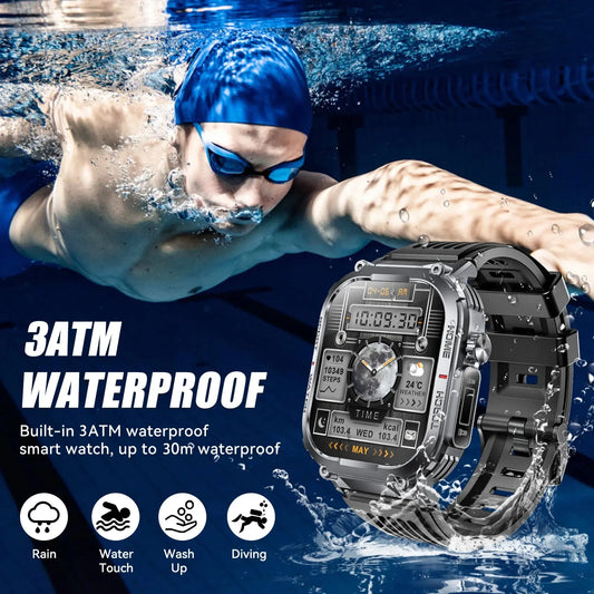Alcom Distribution 3ATM waterproof fitness watch shown underwater with swimming athlete in blue swimcap and goggles