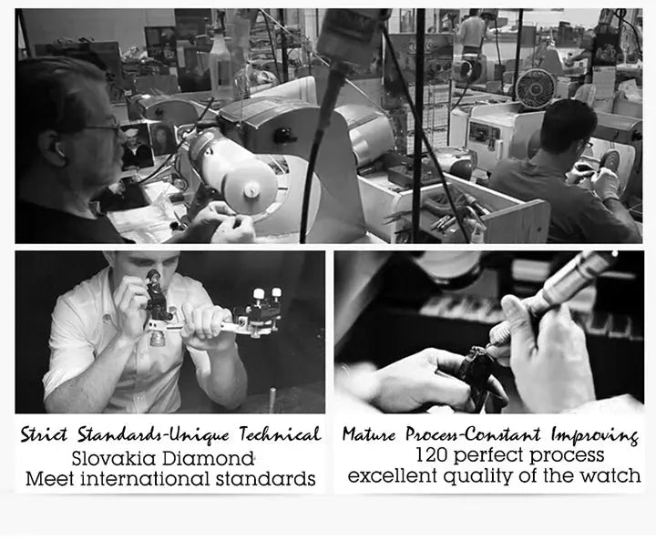 Alcom Distribution watchmakers assembling and inspecting a luxury quartz men's wristwatch in workshop