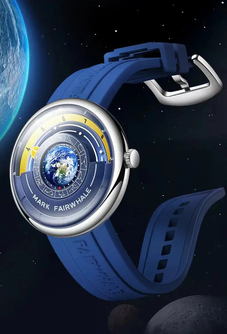 Alcom Distribution luxury quartz men's wristwatch Mark Fairwhale with polished silver case blue silicone strap and Earth dial