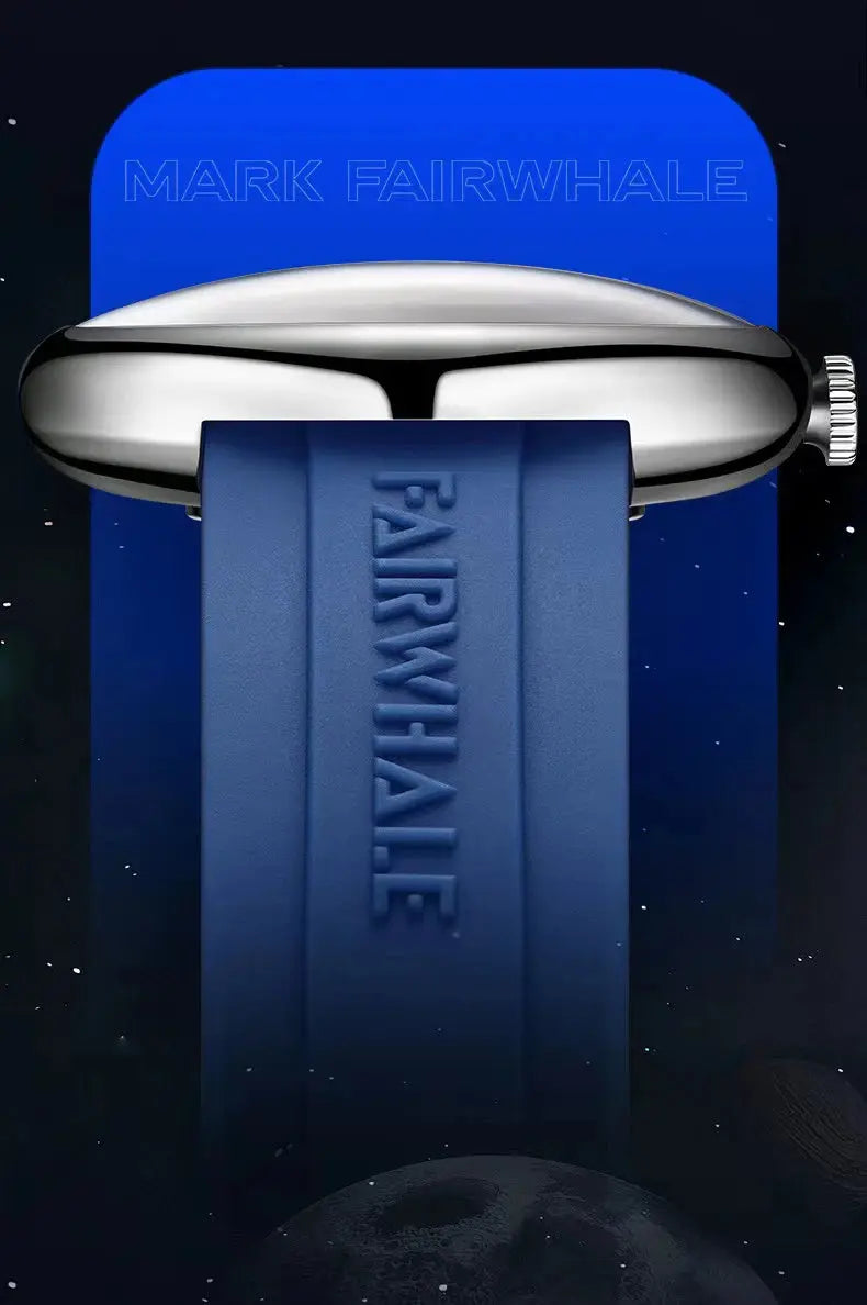 Polished silver case and blue embossed strap marked FAIRWHALE close up luxury quartz men's wristwatch by Alcom Distribution