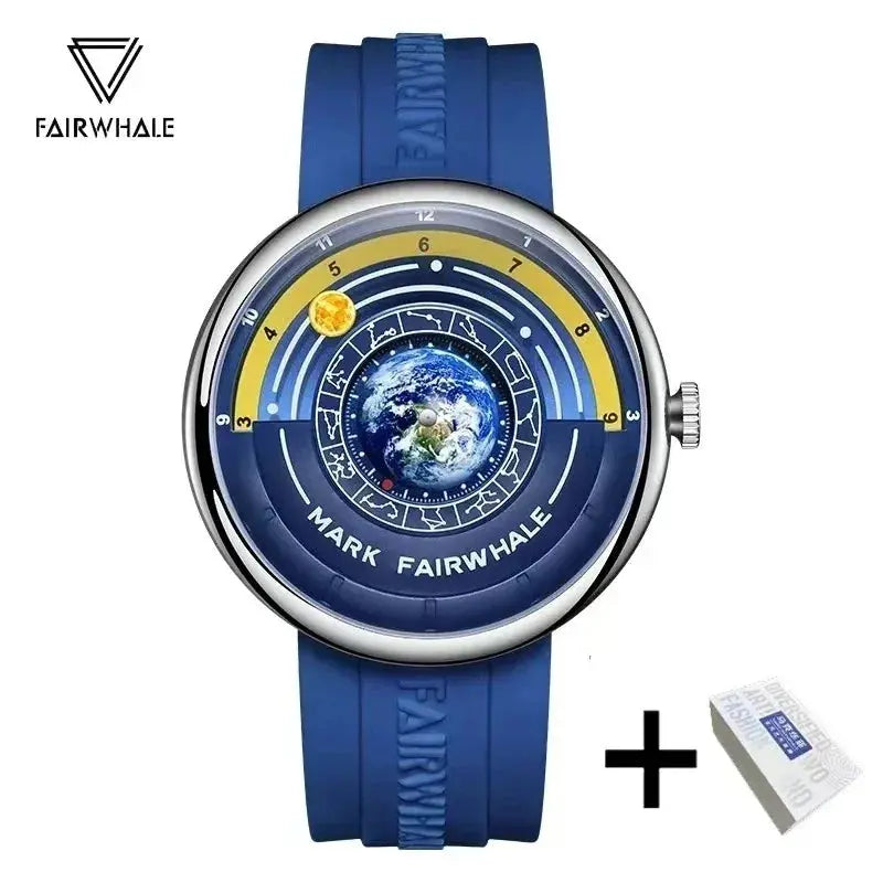 Alcom Distribution Fairwhale blue silicone strap watch with Earth dial and moon marker luxury quartz men's wristwatch