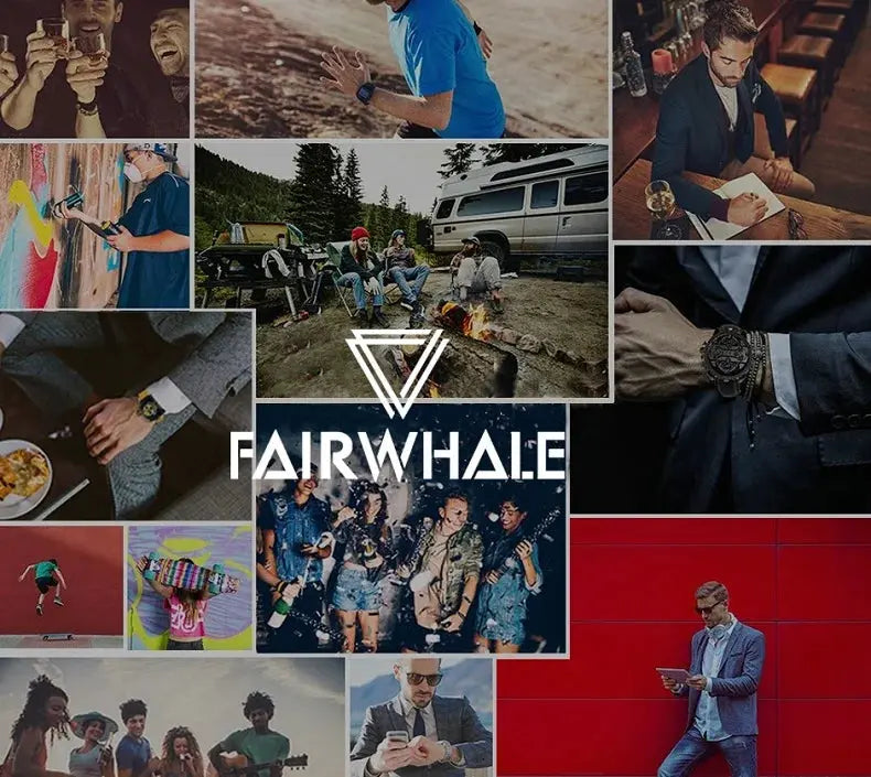 Fairwhale collage of stylish men wearing watches in casual and formal shots luxury quartz men's wristwatch by Alcom Distribution