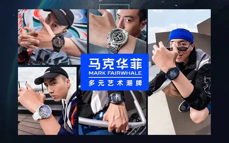Alcom Distribution collage of Mark Fairwhale watches on male models in sporty urban shots luxury quartz men's wristwatch