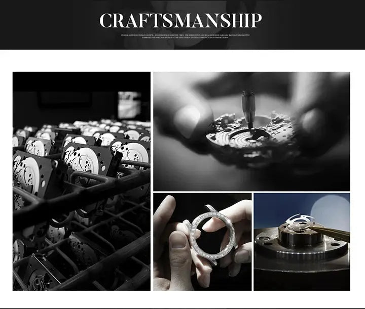 Alcom Distribution collage of watchmaking craftsmanship showing movements hands casing for a luxury quartz men's wristwatch