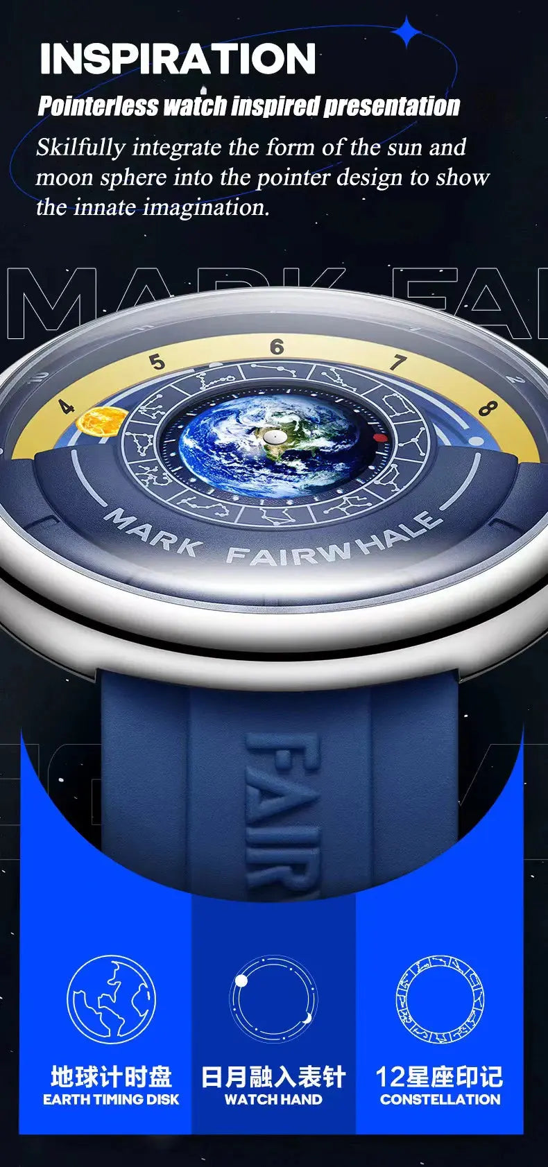 Alcom Distribution luxury quartz men's wristwatch with pointerless Earth dial and blue silicone strap