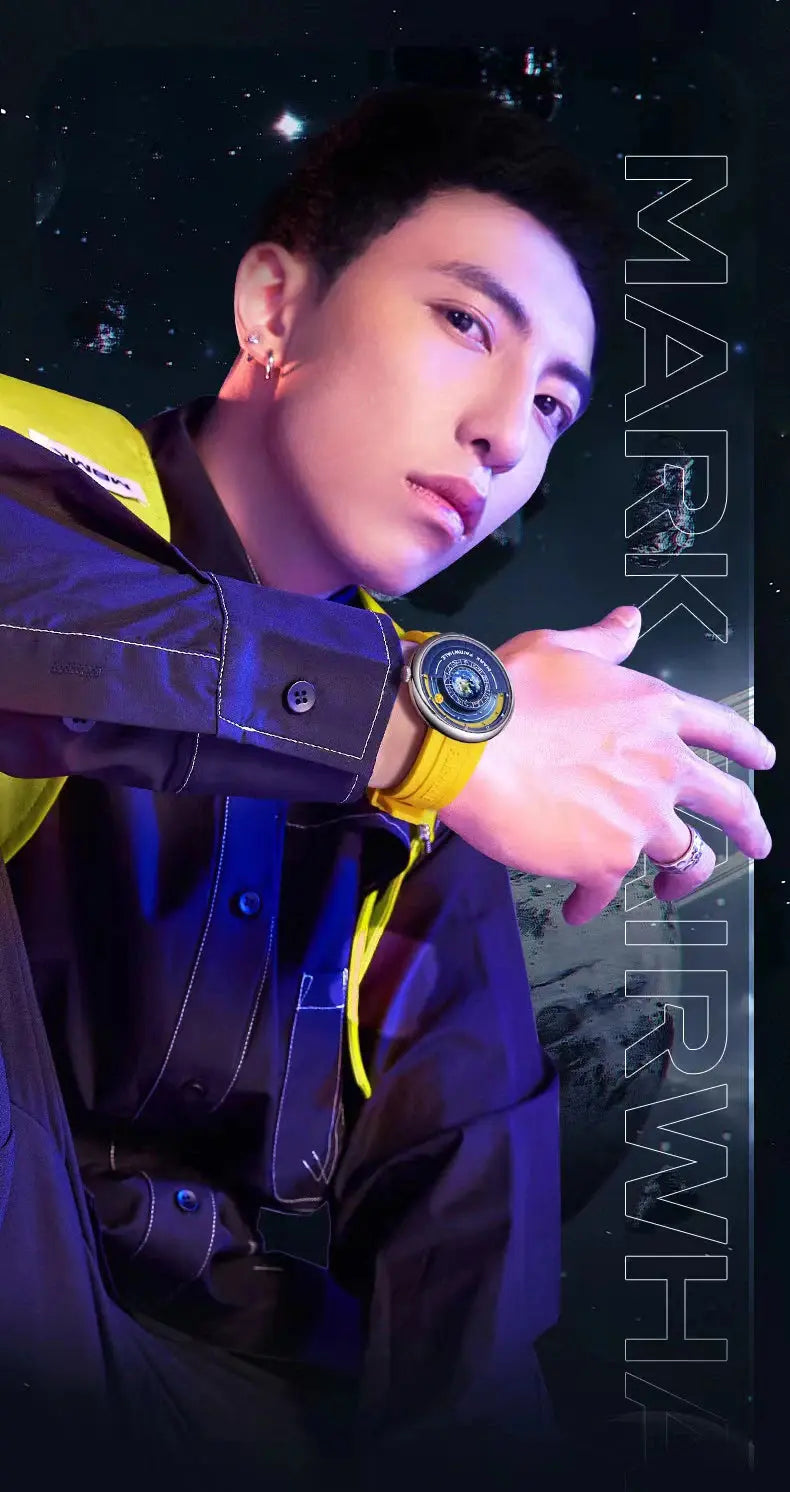 Alcom Distribution model wearing a yellow luxury quartz men's wristwatch paired with black streetwear