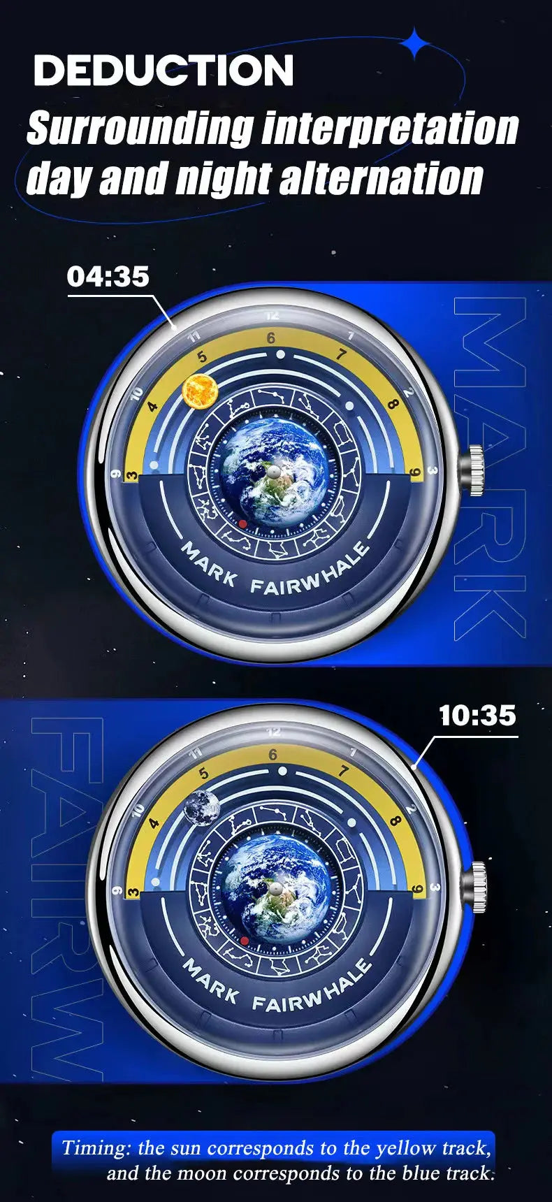 Mark Fairwhale blue watch face with Earth day night indicator yellow and blue tracks luxury quartz men's wristwatch