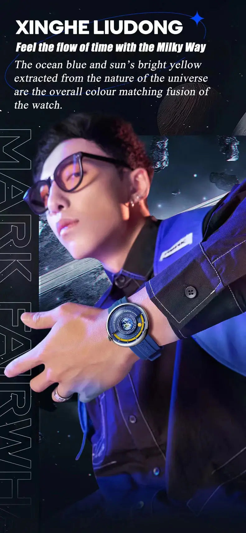 Alcom Distribution luxury quartz men's wristwatch on young man in blue jacket with cosmic dial