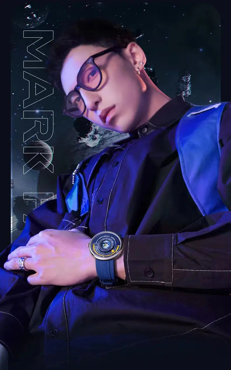 Alcom Distribution model wearing luxury quartz men's wristwatch with blue strap and modern face