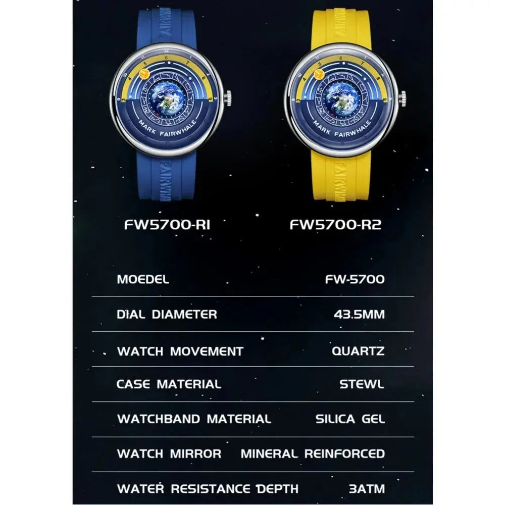 Alcom Distribution luxury quartz men's wristwatch with blue and yellow silica gel straps and planetary Earth dial