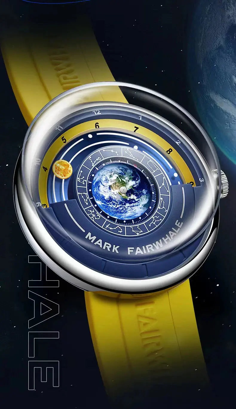 Alcom Distribution Mark Fairwhale luxury quartz men's wristwatch with Earth dial and yellow silicone strap