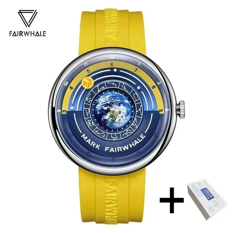 Fairwhale yellow strap watch with earth planet dial and moon indicator luxury quartz men's wristwatch