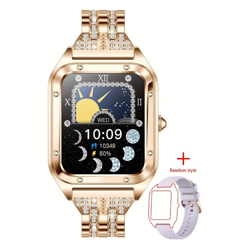 Fashionable smartwatches for women by Alcom Distribution with gold diamond-studded band and customizable watch face