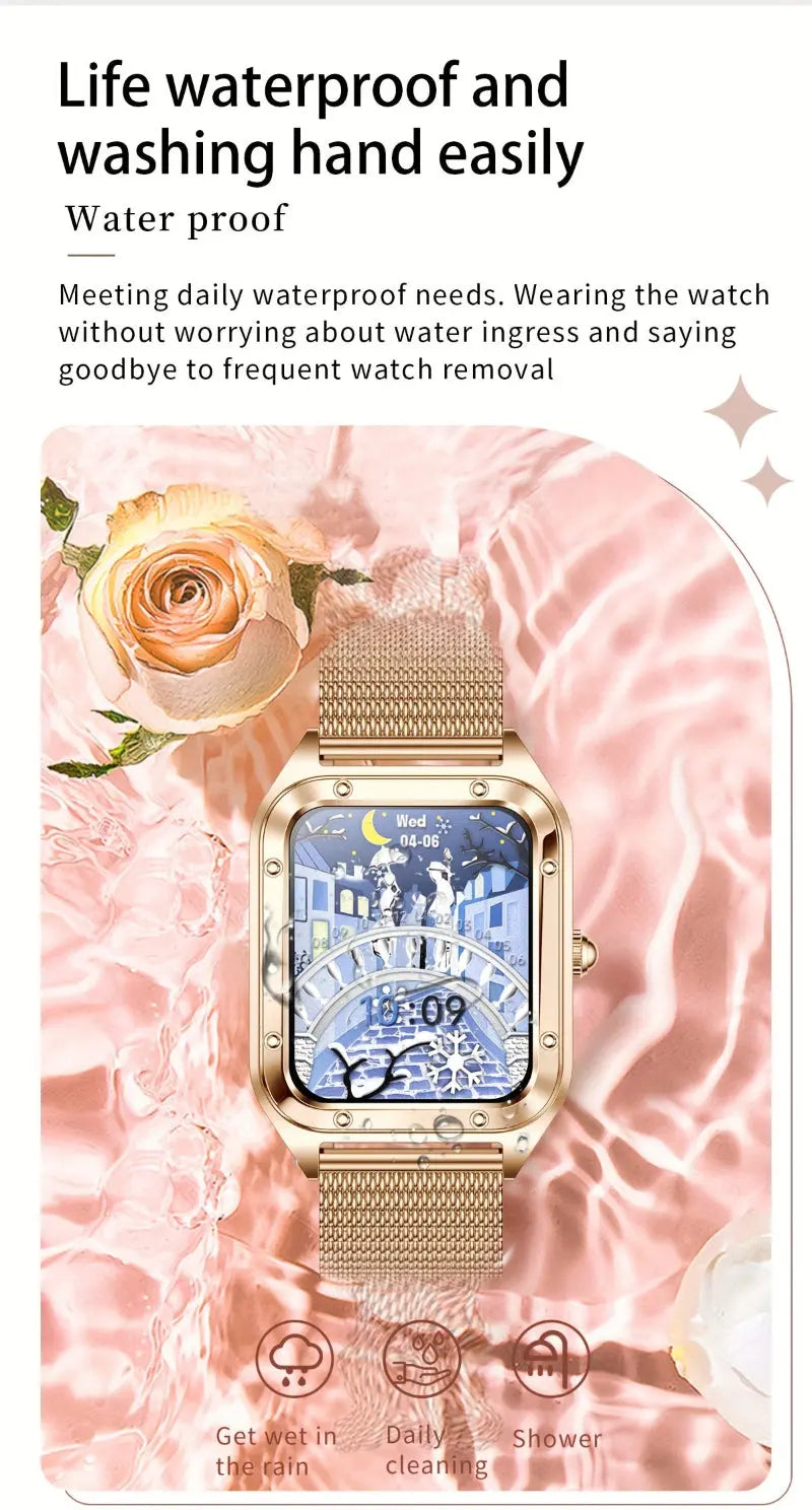 Fashionable smartwatches for women by Alcom Distribution with waterproof gold mesh band design