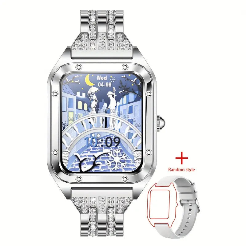 Alcom Distribution fashionable smartwatches for women with silver rhinestone band and customizable display
