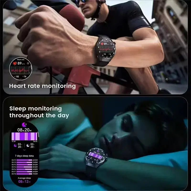 Alcom Distribution GT5 Pro smartwatch for men showing heart rate monitoring while cycling and sleep tracking