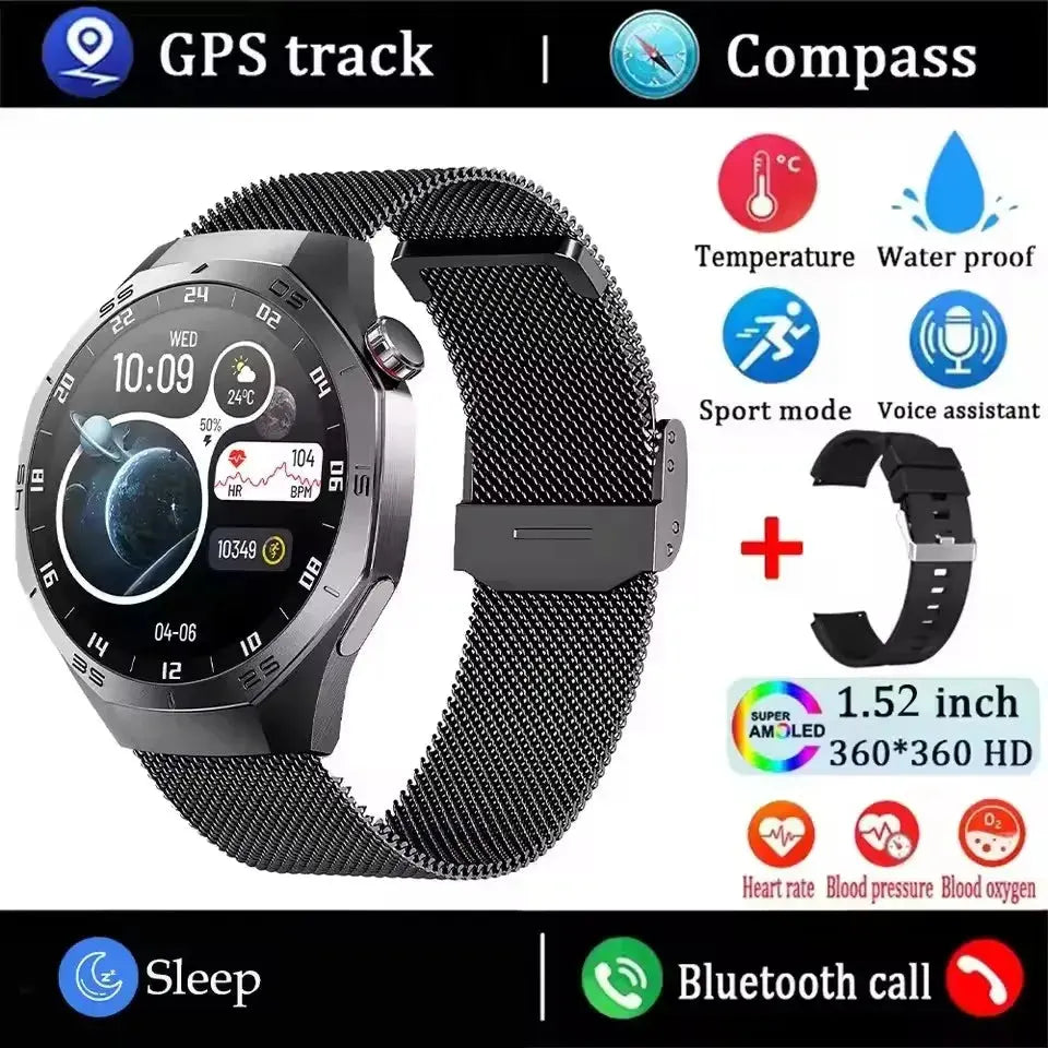 GT5 Pro smartwatch for men with round AMOLED display, black mesh band, heart rate and GPS features