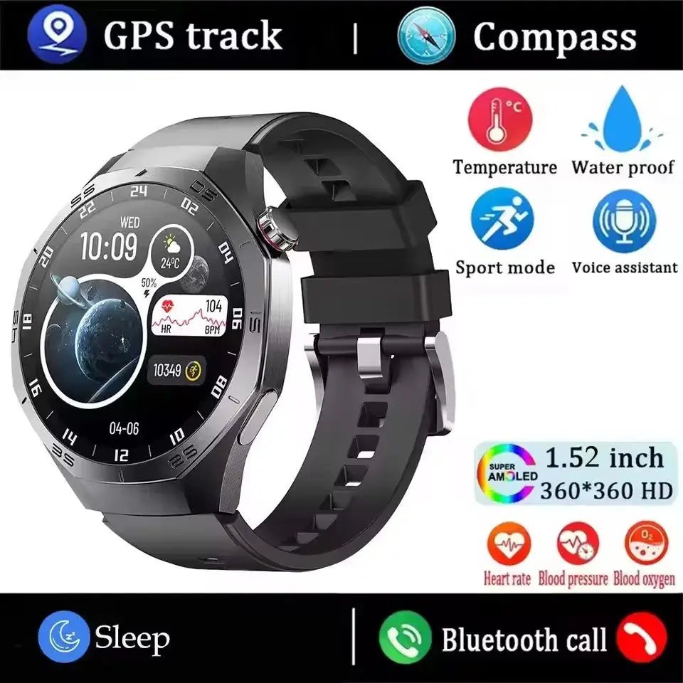 Alcom Distribution GT5 Pro smartwatch for men round silver case black silicone strap GPS compass heart rate sleep tracking