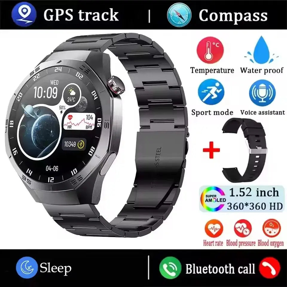 GT5 Pro smartwatch for men by Alcom Distribution with round AMOLED display stainless steel band GPS compass waterproof