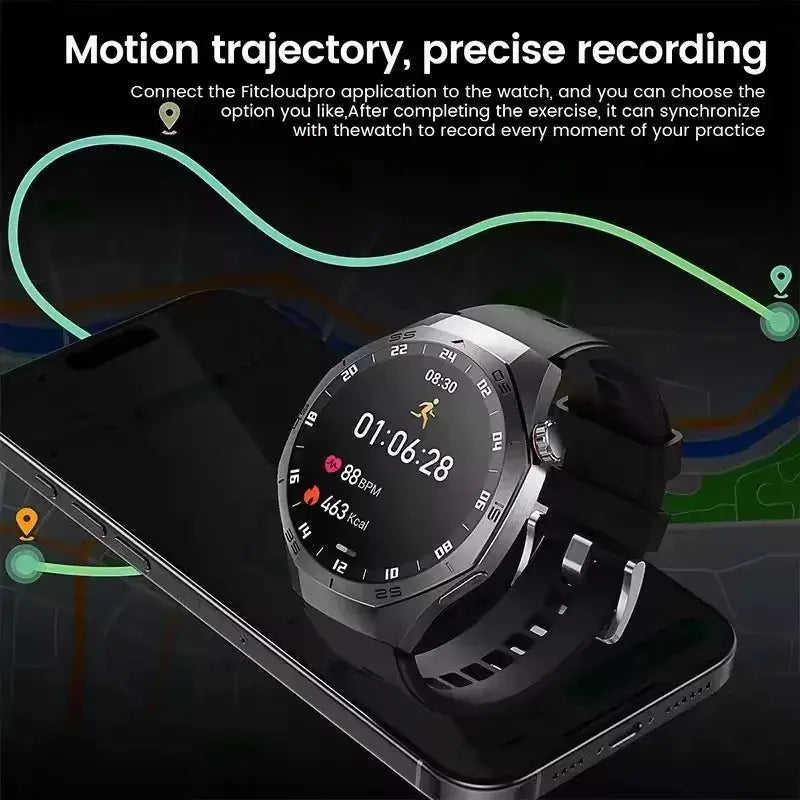 Alcom Distribution GT5 Pro smartwatch for men round black fitness watch on phone showing workout time heart rate