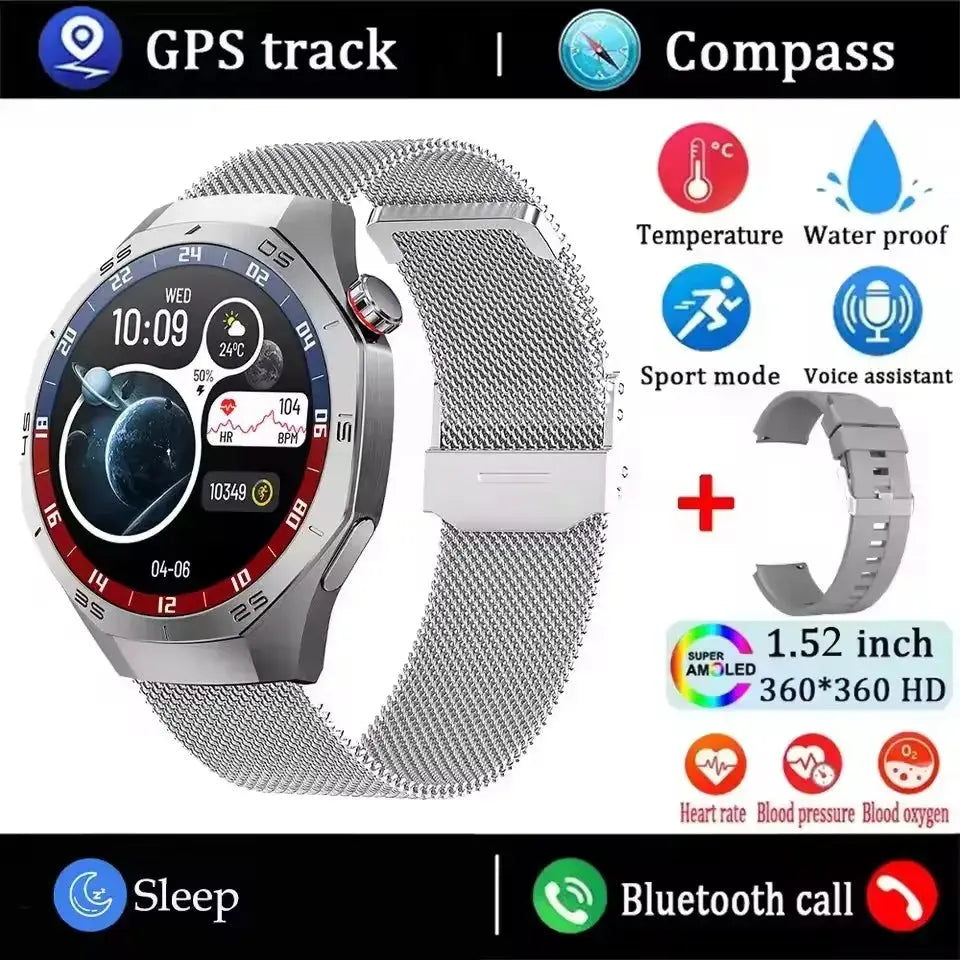 GT5 Pro smartwatch for men silver round AMOLED watch with metal mesh strap GPS compass heart rate sleep and Bluetooth call