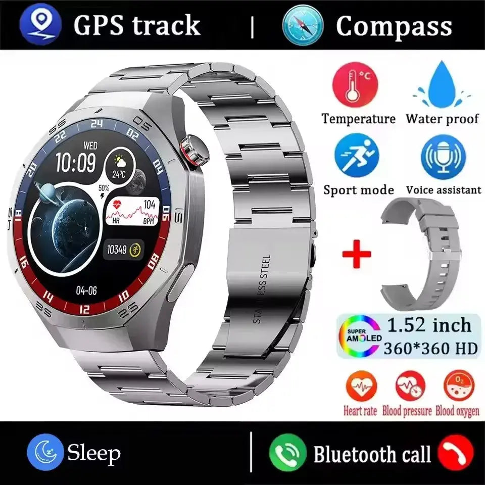 GT5 Pro smartwatch for men silver stainless steel round watch with metal band GPS heart rate
