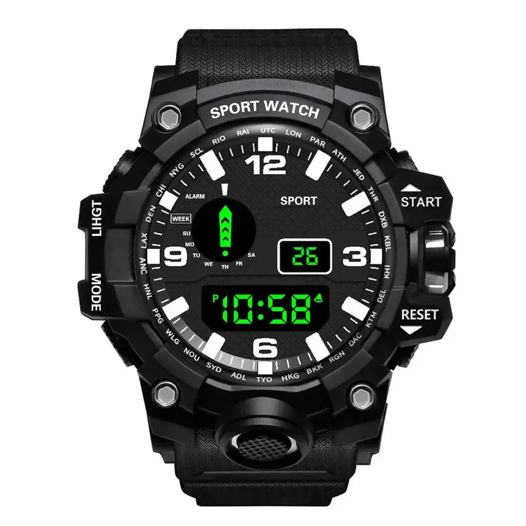 Alcom Distribution fitness ready digital watch with black rugged design and green LED display