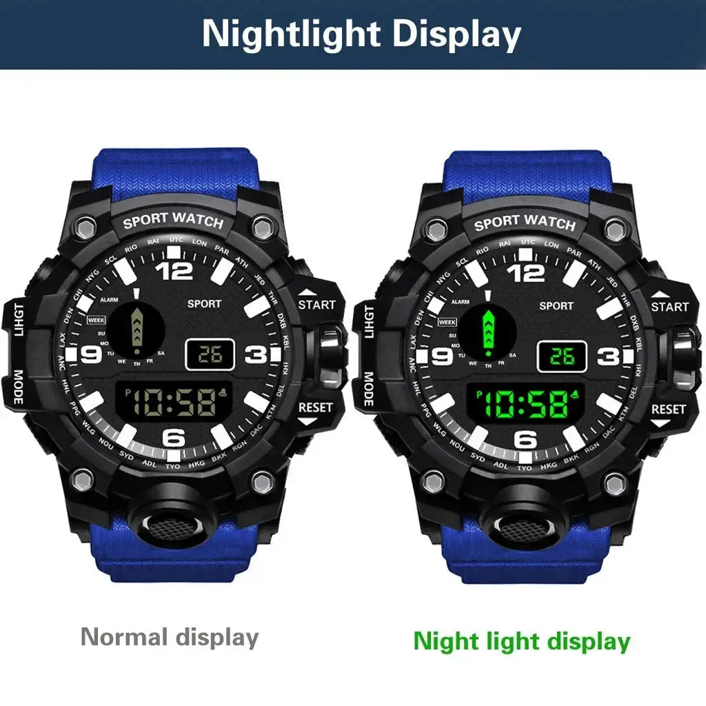 Alcom Distribution fitness ready digital watch with blue strap showing normal and nightlight display