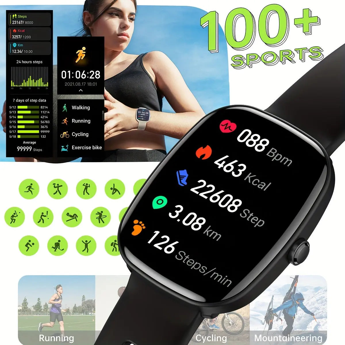 Alcom Distribution fitness smartwatch with health features showing heart rate calories steps and sports modes