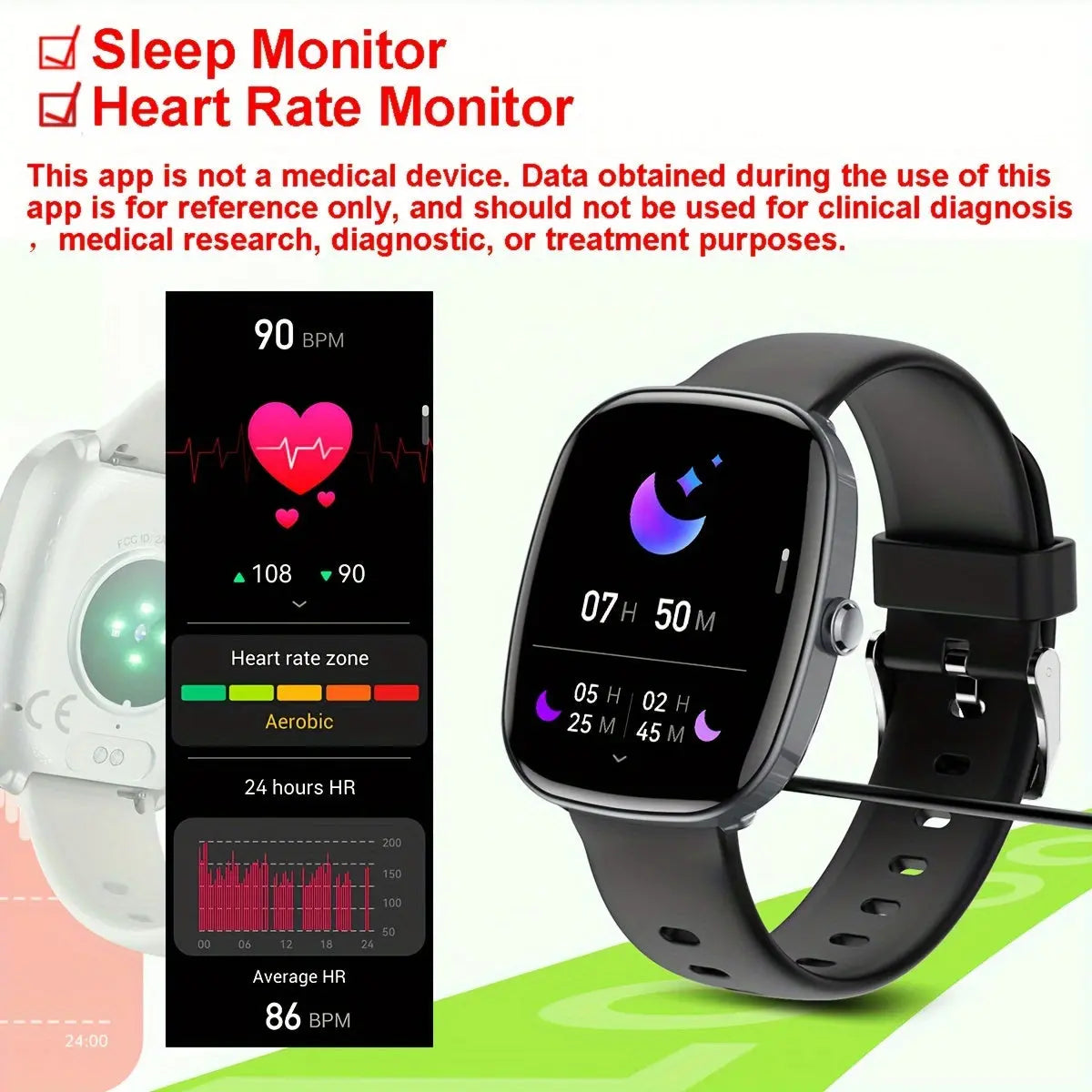 Alcom Distribution fitness smartwatch with health features showing sleep and heart rate monitor on black strap