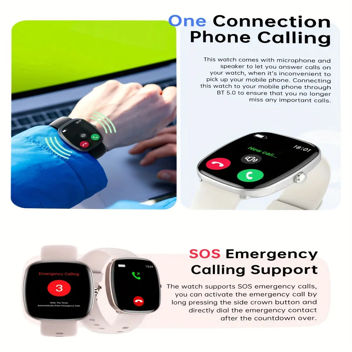 Alcom Distribution fitness smartwatch with health features showing phone call and SOS emergency calling support