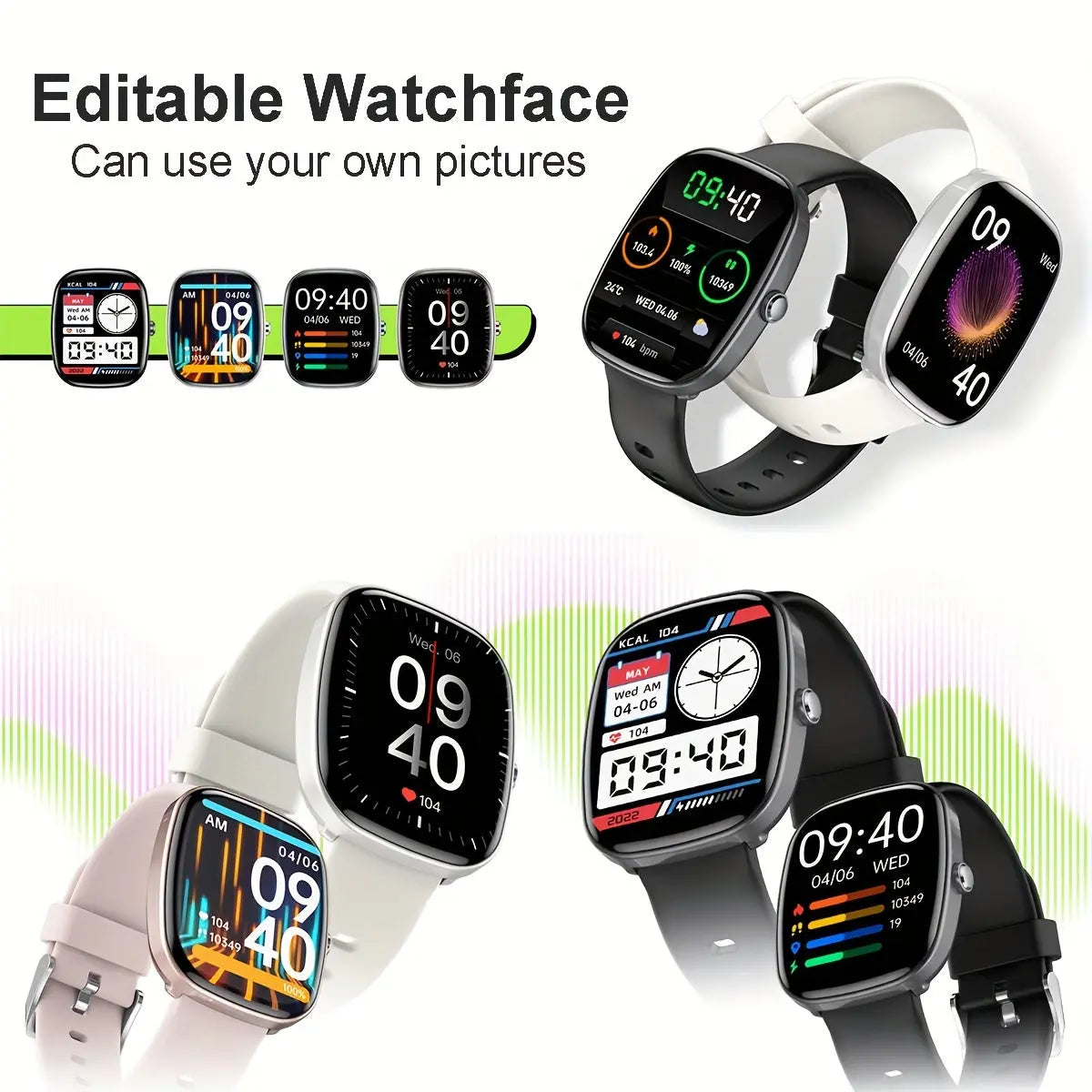 Alcom Distribution fitness smartwatch with health features showing editable watchfaces and various fitness tracking displays