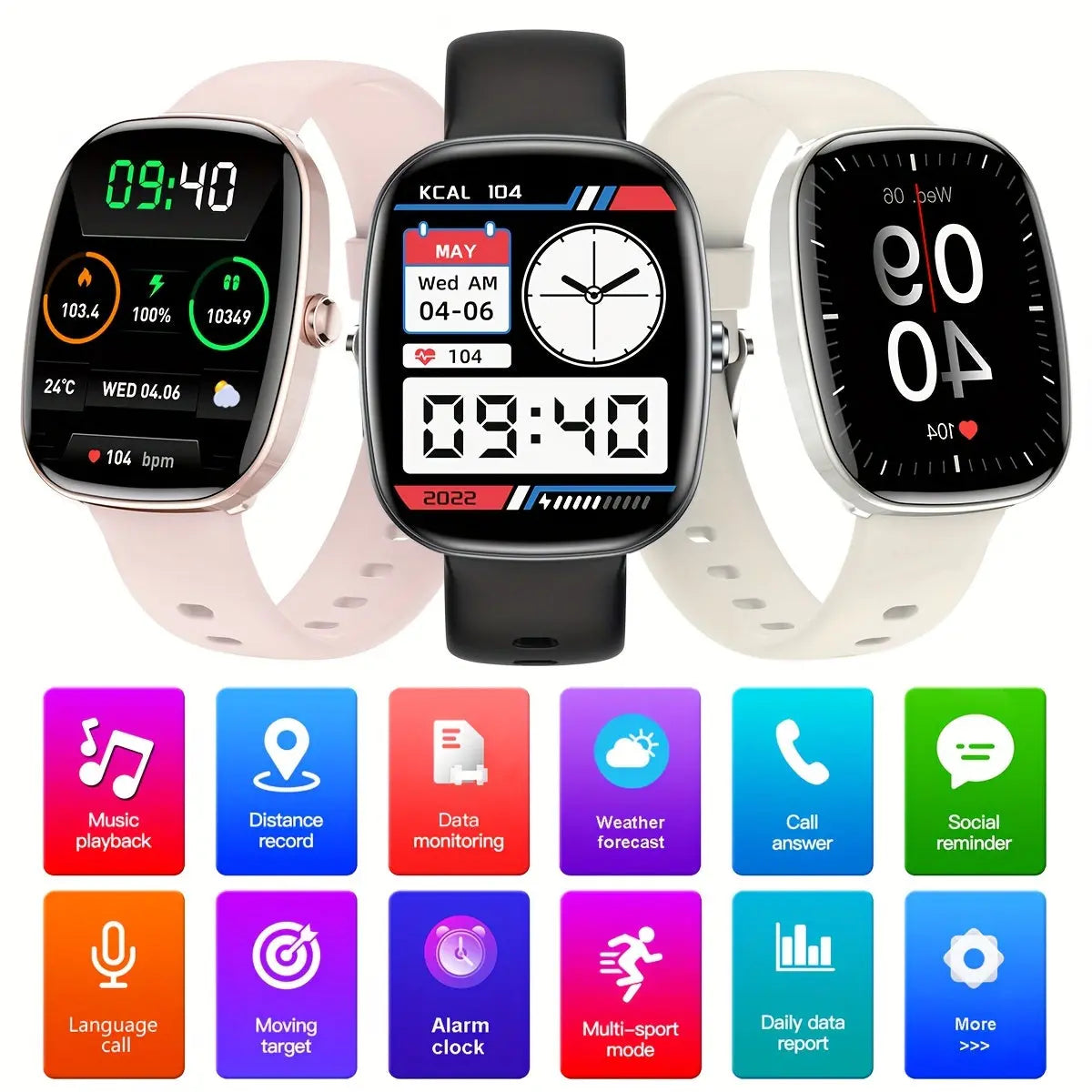 Alcom Distribution fitness smartwatch with health features showing time and multiple health and activity tracking icons